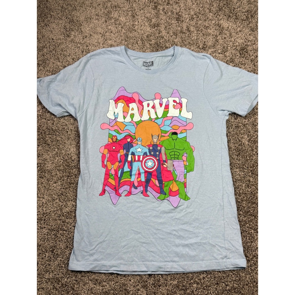 Marvel Avengers Graphic T-Shirt Mens Large Light Blue Retro Psychedelic Tee L